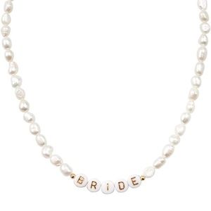 Fetti Bride Freshwater Pearl Beaded Necklace, 14" Choker, Gold Letter Beads